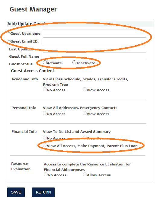 Screenshot of all necessary fields under "Guest Manager". Fields include: Guest Username, Guest Email ID, Guest Status, and Financial Info