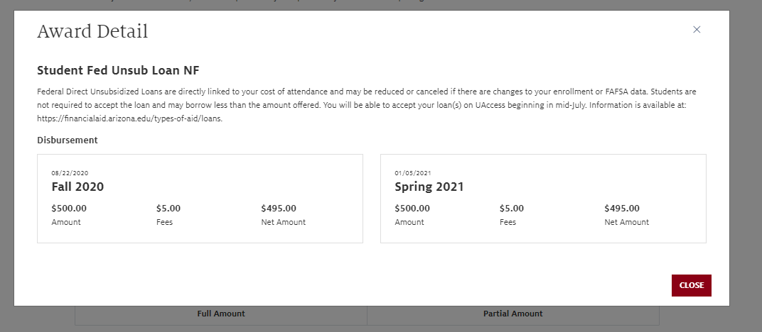 Screenshot of UAccess Student Center showing award detail of accepted loan